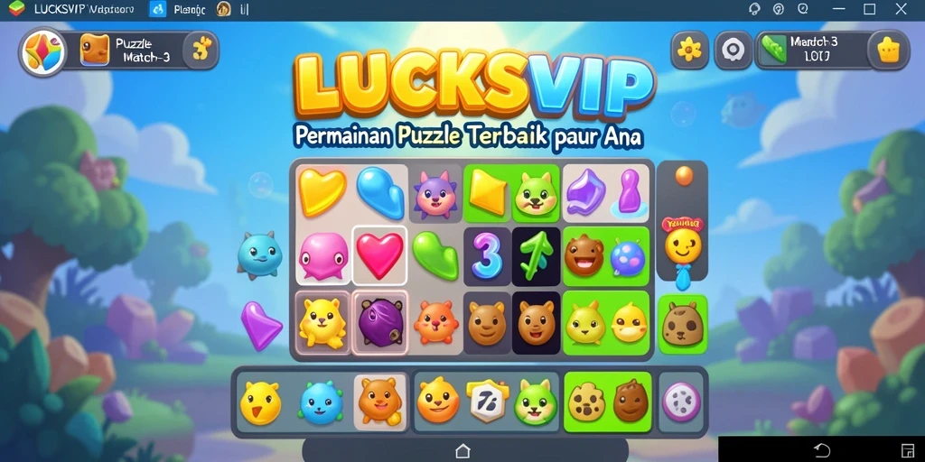 Antarmuka permainan Puzzle Match-3 yang cerah dan penuh warna.