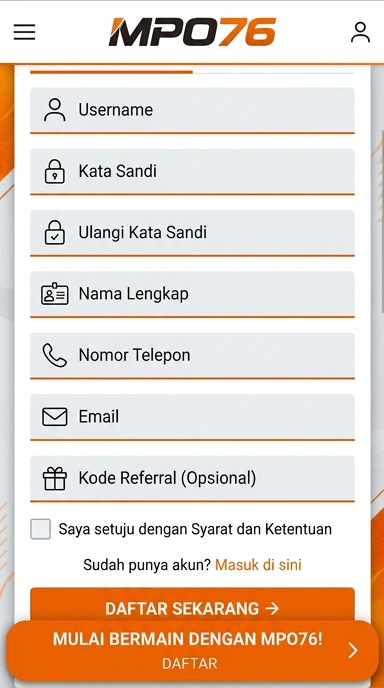 Tampilan halaman daftar mpo76